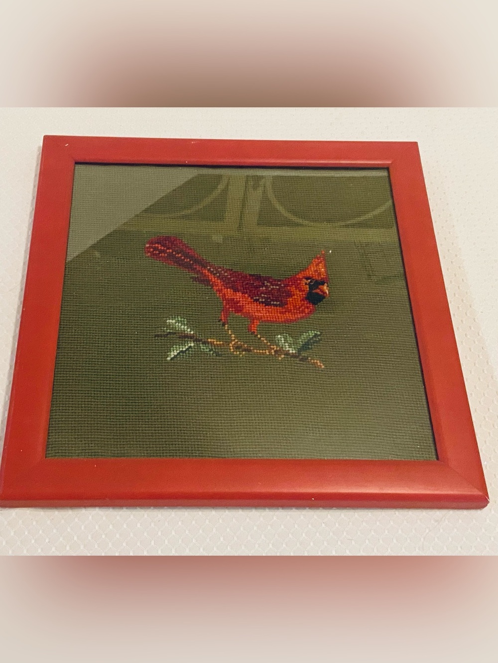 Beautiful Red Cardinal Framed Needlepoint Art.  14x14